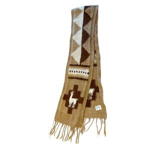 Vintage Alpaca Wool Scarf – Peruvian Llama Knit Pattern, Earth Tones, Fringe